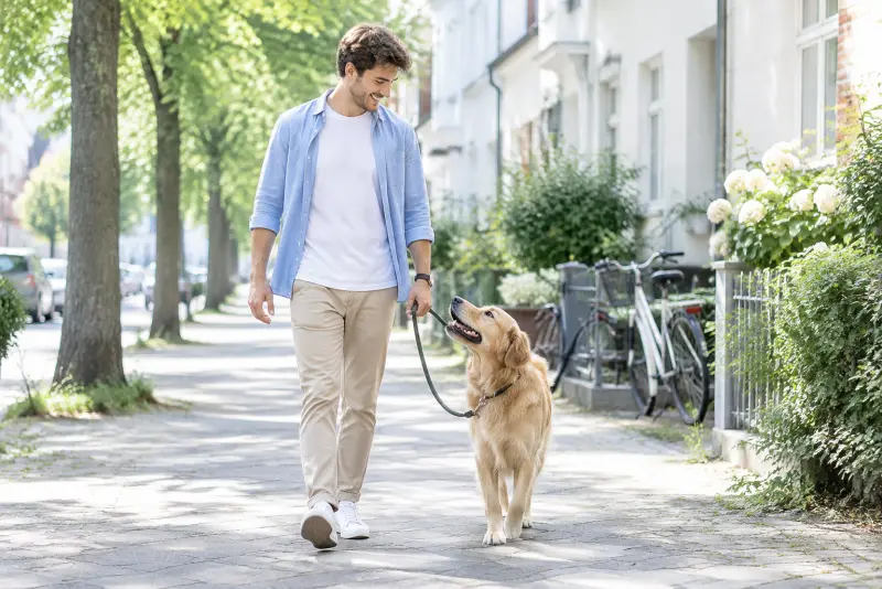 Mann geht mit Golden Retriever an lockerer Leine