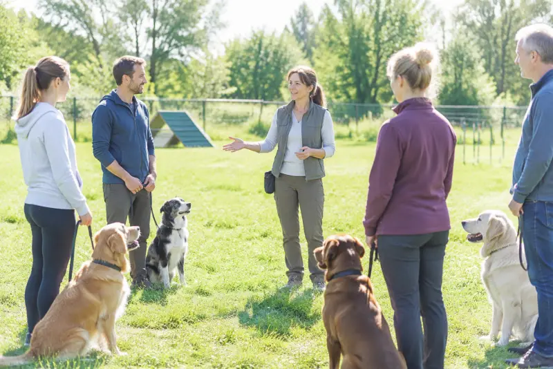Hundetrainerin erklärt einer Gruppe von Hundehaltern etwas