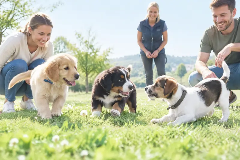 Junge Hunde spielen auf einer Wiese bei der Welpenschule